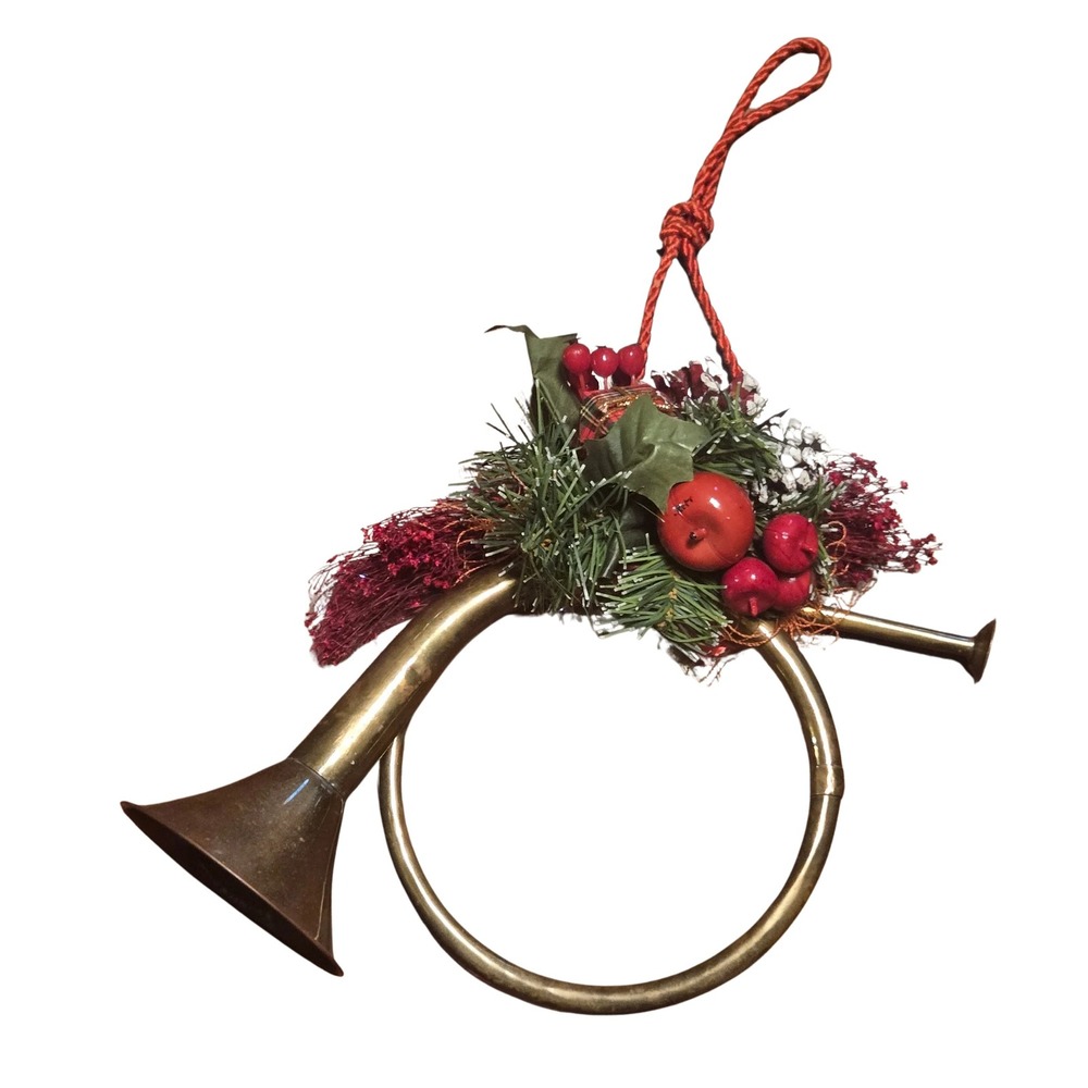Vintage Brass French Horn Christmas Decor Hanging Ornament Berries Pinecones